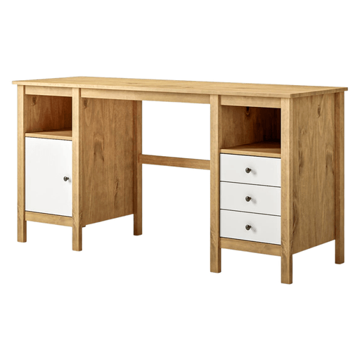El escritorio Mari combina un diseño elegante y atemporal con la resistencia de la madera maciza de pino, ofreciendo una solución práctica y funcional para trabajar, estudiar o realizar tus actividades diarias. Dispone de tres cajones, 2 nichos y un compartimento con puerta, brindando un amplio espacio de almacenamiento para mantener todo organizado y protegido. Su acabado barnizado de alta resistencia a los rayones ayuda a conservar su aspecto por más tiempo, mientras que las correderas de madera, las bisagras metálicas y el fondo de MDF aportan durabilidad y un funcionamiento confiable. Además, es fácil de armar y su diseño versátil se adapta perfectamente a oficinas, dormitorios o cualquier ambiente del hogar.