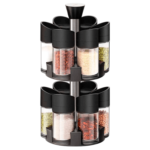 Set de 12 especieros con base giratoria en 360 grados y múltiples salidas. Cuenta con tres tamaños de agujeros para que puedas tener un mayor control de la dosificación de condimentos que le ponés a tus comidas.