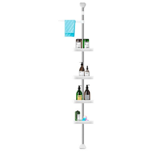 Este esquinero para baño en acero inoxidable, con altura ajustable es perfecto para organizar tus productos. Cuenta con toallero con giro 360° y 4 estantes de plástico con autodrenaje. Ideal para ubicar en el baño y tener todos tus productos al alcance de la mano.