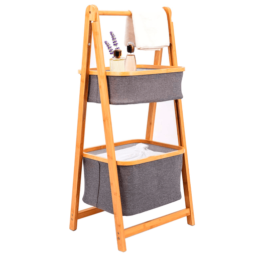 Si te gustan los muebles de madera, con un estilo de decoración sostenible, esta estantería tipo escalera es una excelente opción. Tiene 2 estantes de tela de poliéster con aspecto de lino y ofrece posibilidades de almacenamiento versátiles para cosméticos y accesorios. Usalo como estante de baño, cocina, lavandería, etc. Gracias al diseño plegable, este estante de pie es fácil de guardar, ocupando el más mínimo espacio.
