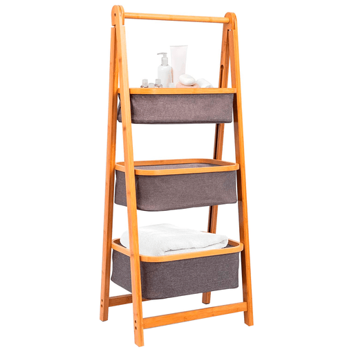 Si te gustan los muebles de madera, con un estilo de decoración sostenible, esta estantería tipo escalera es una excelente opción. Tiene 3 estantes de tela de poliéster con aspecto de lino y ofrece posibilidades de almacenamiento versátiles para cosméticos y accesorios. Usalo como estante de baño, cocina, lavandería, etc. Gracias al diseño plegable, este estante de pie es fácil de guardar, ocupando el más mínimo espacio.