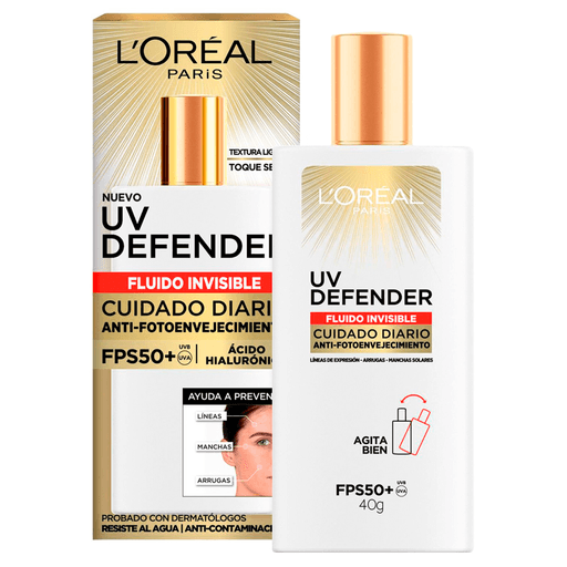El nuevo UV Defender Fluido Invisible FPS50+ protege tu piel diariamente de los rayos UVB y UVA, evitando el cáncer de piel, y la aparición de manchas, arrugas y líneas de expresión. Su textura 11 veces más ligera lo hace apto para todo tipo de piel, incluso las pieles mixtas a grasas.