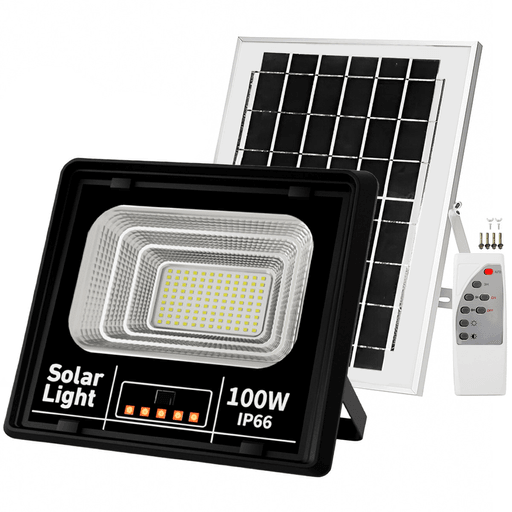 Iluminá tus espacios exteriores de forma eficiente y sin cables con el foco solar LED JORTAN de 100W. Diseñado para brindar máxima potencia y autonomía, incorpora panel solar de alta eficiencia, fotocélula automática y control remoto para un manejo cómodo y práctico. Ideal para quienes buscan una solución de iluminación potente, ecológica y de fácil instalación. Gracias a su sistema de carga rápida y su funcionamiento inteligente, este foco se enciende automáticamente al detectar oscuridad, ofreciendo iluminación confiable en todo momento sin necesidad de conexión eléctrica.