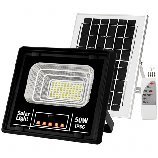 Iluminá tus espacios exteriores de forma eficiente y sin cables con el foco solar LED JORTAN de 50W. Diseñado para brindar máxima potencia y autonomía, incorpora panel solar de alta eficiencia, fotocélula automática y control remoto para un manejo cómodo y práctico. Ideal para quienes buscan una solución de iluminación potente, ecológica y de fácil instalación. Gracias a su sistema de carga rápida y su funcionamiento inteligente, este foco se enciende automáticamente al detectar oscuridad, ofreciendo iluminación confiable en todo momento sin necesidad de conexión eléctrica.