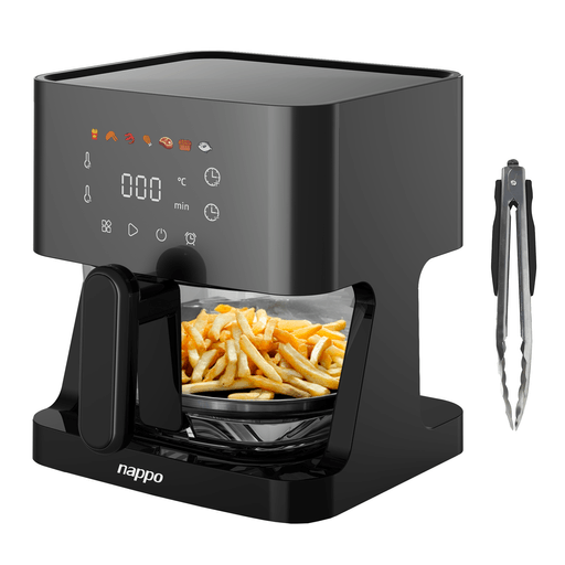 Esta freidora sin aceite NAPPO Crystal es la solución ideal para cocinar de manera saludable y práctica. Con una amplia capacidad de 5L y una potencia de 1350W, permite preparar alimentos sin necesidad de aceite. Su diseño incluye un canasto con ventana de visualización, lo que facilita controlar la cocción sin interrumpir el proceso. Gracias a su panel táctil con pantalla LED y 7 funciones preestablecidas, ofrece una experiencia intuitiva y versátil para cocinar diferentes recetas.
