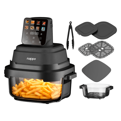 La Freidora Sin Aceite NAPPO Crusty combina potencia, versatilidad e innovación para preparar comidas más saludables de forma práctica y eficiente. Con 1500W de potencia, incorpora un exclusivo sistema de dos cestas de vidrio intercambiables de 1,5L y 4L que permiten adaptar la capacidad según cada preparación y visualizar los alimentos durante toda la cocción gracias a su diseño transparente de 360°. Su panel táctil con pantalla LED, las 8 funciones predefinidas, la temperatura regulable entre 80 y 200°C y el temporizador de hasta 60 minutos facilitan la preparación de una amplia variedad de recetas con solo un toque. Además, las cestas incluyen tapas para transportar y almacenar alimentos, son aptas para lavavajillas y se complementan con accesorios como rejillas antiadherentes, alfombrilla aislante y pinza, ofreciendo una experiencia de cocción más cómoda, segura y completa.