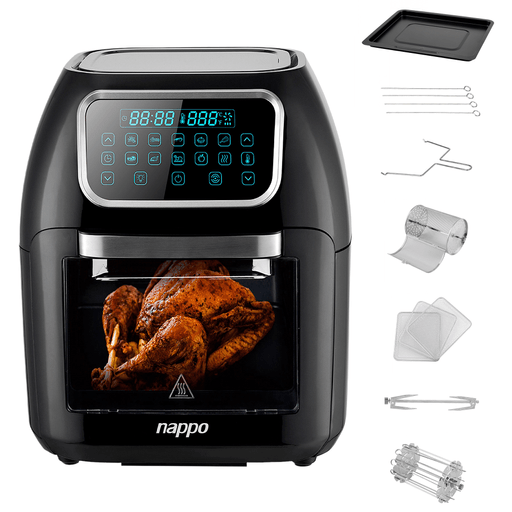 Lográ preparaciones saludables y deliciosas sin utilizar aceite con esta Freidora digital Nappo. Su nueva tecnología de aire caliente en 360° reduce en un 80% el uso de aceite, permitiéndote conseguir alimentos crujientes con sabores intensos en menos tiempo. Además, es sumamente versátil gracias a los accesorios y funciones que incluye, permitiéndote asar a la parrilla, deshidratar, gratinar, descongelar, recalentar, mantener la temperatura e incluso rostizar.