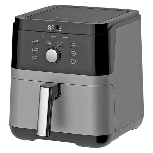 La freidora sin aceite James de 5,5L combina potencia y versatilidad gracias a sus 1850W y su sistema de flujo de aire 3D, que permite obtener alimentos crujientes con menos grasa. Además de sus funciones para hornear, tostar, freír y calentar, ofrece un display luminoso con control touch, temperatura ajustable entre 40 y 200°C y un timer de hasta 60 minutos. Su interior antiadherente y el asa fría al tacto garantizan un uso cómodo y seguro, mientras que su diseño compacto la convierte en una excelente opción para cualquier cocina.