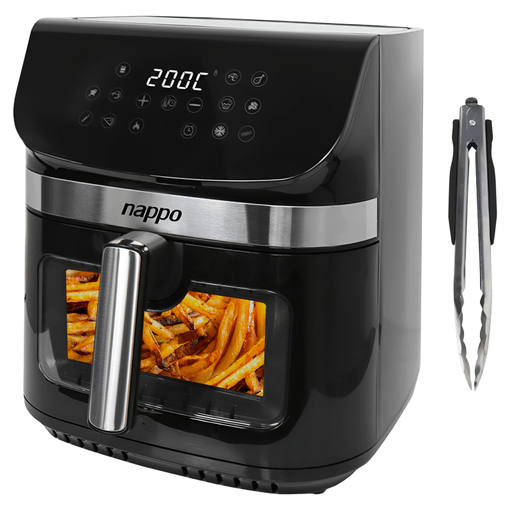 Esta freidora sin aceite Nappo de 1800W y capacidad de 9L es perfecta para preparar tus comidas favoritas. Su práctica ventana de visualización transparente te permite controlar el estado de cocción de tus alimentos sin la necesidad de abrir la freidora. Sus 10 funciones de cocción prestablecidas, temperatura y temporizador ajustables te permiten preparar bocadillos saludables con solo un toque. Además, cuenta con tecnología Fry Force 360º, display digital, luz interior, rejilla y pinza metálica.