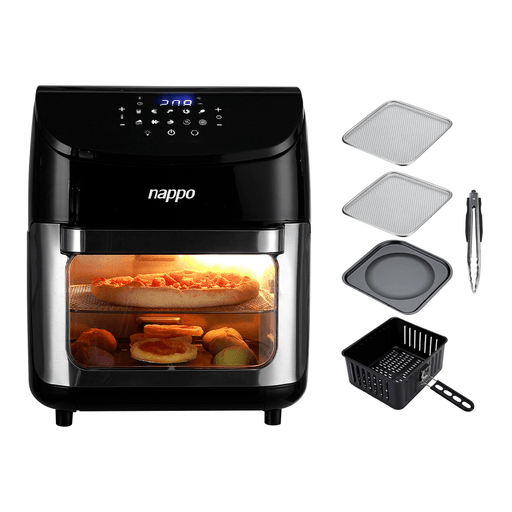 Esta freidora sin aceite NAPPO es el complemento ideal para tu cocina. Con una potencia de 1700W, capacidad de 13L y  10 programas preestablecidos te permite cocinar una variedad de alimentos con tan solo presionar un botón. Además, cuenta con temperatura ajustable, temporizador de hasta 60 minutos, 2 rejillas, bandeja de goteo y pinza metálica para que puedas preparar una amplia variedad de recetas fácilmente.