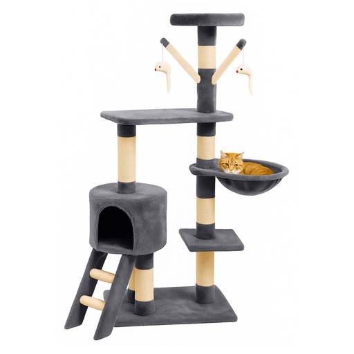 Este gimnasio para mascotas está hecho de felpa suave y duradera con postes cubiertos de sisal resistente. No solo posee 5 niveles ideales para promover la actividad física a través de la escalada y el juego, sino que también ofrece espacios cómodos y acogedores para el descanso. Los postes de sisal integrados son perfectos para el rascado, una necesidad para mantener las uñas de tu gato saludables y su instinto satisfecho. Su diseño elegante y funcional se integra fácilmente en la decoración de cualquier habitación.