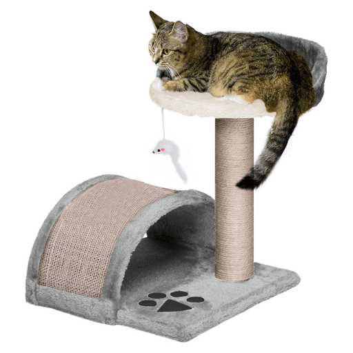 Este gimnasio rascador para gatos es el espacio ideal para que tu felino se entretenga, descanse y afile sus uñas con total seguridad. Fabricado con tablero de alta densidad y revestido en felpa suave, es estable, cómodo y resistente. Cuenta con una base firme que garantiza equilibrio, una superficie de cáñamo natural para rascar, y un juguete con forma de ratón que emite sonido para estimular el juego. Su diseño compacto, moderno y fácil de trasladar lo hace perfecto para cualquier rincón del hogar, aportando bienestar y diversión a tu mascota.