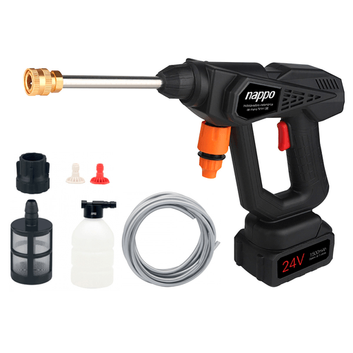La Hidrolavadora Nappo inalámbrica de 300W de potencia es la herramienta ideal para una limpieza eficiente y sin complicaciones. Tiene un diseño ergonómico y liviano, es fácil de manejar y transportar, lo que la hace perfecta para una variedad de tareas en el hogar. Esta equipada con una batería de 5 celdas de 1500mAh, una potencia de 30bars y un caudal de 4L/m, garantizando resultados óptimos en cada uso. Gracias a que posee una autonomía de 20 minutos podrás realizar tus labores de limpieza con total comodidad y sin interrupciones, además es ideal para lavar tu automóvil, bote, cabina, terraza, porche, entre otras tareas.