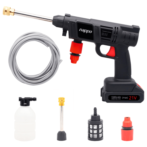 Esta Hidrolavadora inalámbrica NAPPO es ideal para variedad de tareas de limpieza al aire libre como lavar automóviles, botes, cabinas, terrazas, porches, patios, ventanas, revestimientos, entrada de vehículos, entre otras tareas. Cuenta con una potente batería de 1300mAh que genera una presión de trabajo máxima de 430PSI. Incluye, además, varios accesorios como dispensador de jabón, boquillas y más, que facilitan su uso.