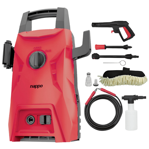 Esta hidrolavadora NAPPO con 1500W de potencia es la herramienta ideal para limpiar tu hogar, auto, patio y más. Con una presión máxima de 120bar, podrás eliminar la suciedad más difícil sin esfuerzo. Su diseño compacto y ligero la hace fácil de mover y almacenar, mientras que su manija de transporte te permite llevarla a donde la necesites. Además, cuenta con un interruptor rotativo de encendido/ apagado, protección IPX5, manguera de alta presión, conector de entrada rápida de agua, pistola rociadora, boquilla de pulverización regulable, pin limpia boquilla, botella jabonera y esponja que te permite limpiar cualquier tipo de superficie.