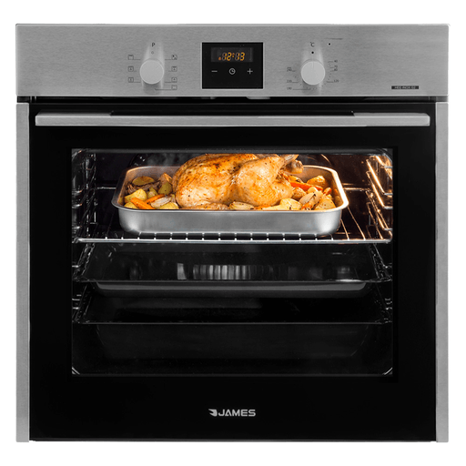 Este horno eléctrico de empotrar James ofrece una capacidad de 56L y 7 funciones para adaptarse a todo tipo de recetas. Incorpora timer digital con control touch, grill, luz interior, termostato regulable de 40 a 240°C y sistema de convección para una cocción más pareja. Su puerta de doble vidrio mejora la eficiencia térmica, mientras que el interior esmaltado facilita la limpieza. Con una potencia total de 4200W, brinda un rendimiento óptimo y confiable para el uso diario.
