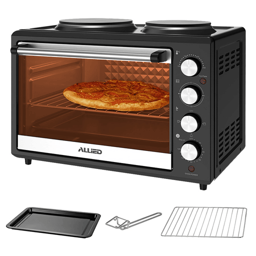 Disfrutá de tus comidas favoritas con el horno eléctrico Allied de 40 litros, que combina potencia máxima de 3250W con funciones versátiles como grill superior e inferior, control de temperatura ajustable de 100°C a 250°C y temporizador de hasta 120 minutos con alarma. Su diseño incluye luz interior, puerta de vidrio templado resistente al calor, y elementos de calentamiento de acero inoxidable para una cocción uniforme. Además, cuenta con anafes superiores de 1000W y 750W, e incluye bandeja esmaltada, rejilla y manija, siendo práctico, seguro y fácil de limpiar.