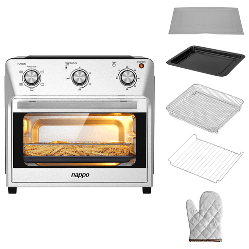 Este Horno Freidora NAPPO es un electrodoméstico versátil y eficiente, ideal para cocinar de manera práctica y saludable. Con una capacidad de 28 litros y una potencia de 1600W, permite preparar una gran variedad de alimentos con rapidez y precisión. Su diseño incluye un termostato ajustable hasta 230°C, un timer de 60 minutos con timbre y una lámpara interior que facilita la visualización del proceso de cocción. Gracias a su tecnología de aire caliente, es una excelente opción para quienes buscan una alternativa más saludable sin sacrificar el sabor ni textura.