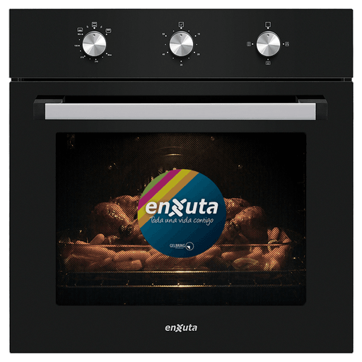 Horno de empotrar a gas Enxuta, con panel de control en vidrio negro, timer mecánico, 7 posiciones de horno y una capacidad de 70 litros para que puedas preparar tus comidas preferidas. Además cuenta con grill, termostato y doble vidrio interior removible.