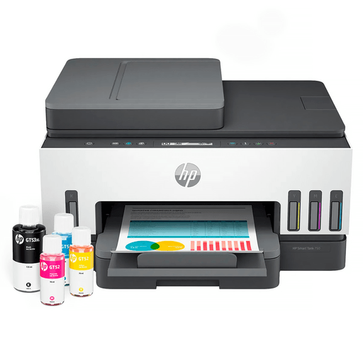 La HP Smart Tank 750 es una impresora multifunción diseñada para ofrecer un rendimiento ágil y eficiente tanto en el hogar como en la oficina. Cuenta con conectividad WiFi para imprimir de forma inalámbrica, impresión automática a doble cara, sensor de papel automático y tecnología HP Thermal Inkjet para obtener documentos de excelente calidad. Además, incorpora un procesador de 800MHz, memoria de 256MB y una amplia capacidad de papel con bandeja de entrada para 250 hojas y bandeja de salida para 100 hojas, ideal para trabajos de impresión de alto volumen.