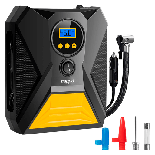 Este inflador NAPPO de 120W es una solución práctica y portátil para inflar neumáticos con rapidez y precisión. Funciona a 12V mediante conector al encendedor del vehículo y alcanza una presión máxima de 150PSI (10,5bar), con un caudal de aire de 22L/min que permite inflar un neumático en aproximadamente 6 minutos. Incorpora medidor de presión digital, apagado automático y lámpara LED superior para mayor seguridad y comodidad, además de contar con cables de 2,5m, espacio de guardado integrado y accesorios incluidos, ideal para autos, motos, bicicletas, pelotas y juguetes inflables.