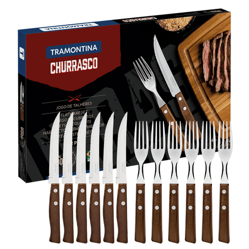 Serás reconocido como el mejor anfitrión y mejor asador al ofrecer a tus invitados el Juego de Cubiertos para Asado Tramontina. Realizado en acero inoxidable con mango de madera. Incluye 12 piezas de la línea Asador, que se compone de 6 cuchillos y 6 tenedores con láminas en acero inoxidable, siendo altamente duraderos.