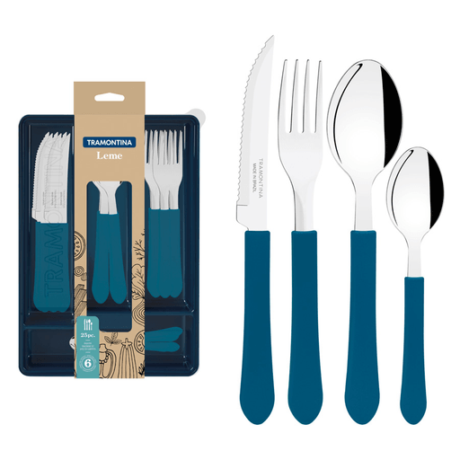 Llevá a la mesa la alegría de los colores. Los cubiertos de la línea Leme tienen mangos de polipropileno de colores y resistentes. Con láminas de acero inoxidable, los cuchillos, los tenedores y las cucharas tienen alta resistencia y durabilidad. Las láminas de los cuchillos reciben tratamiento térmico, lo que deriva en mayor resistencia y durabilidad del filo. Todas las piezas pueden llevarse al lavavajillas.