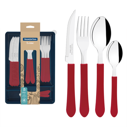 Llevá a la mesa la alegría de los colores. Los cubiertos de la línea Leme tienen mangos de polipropileno de colores y resistentes. Con láminas de acero inoxidable, los cuchillos, los tenedores y las cucharas tienen alta resistencia y durabilidad. Las láminas de los cuchillos reciben tratamiento térmico, lo que deriva en mayor resistencia y durabilidad del filo. Todas las piezas pueden llevarse al lavavajillas.