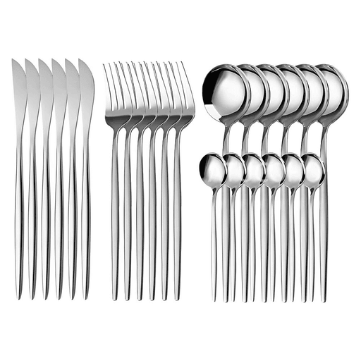 Con un diseño contemporáneo y un acabado tipo espejo que realza cualquier mesa, este set de cubiertos de 24 piezas es ideal para quienes buscan funcionalidad sin renunciar a la elegancia. Fabricado en acero inoxidable de alta calidad, resistente a la oxidación y corrosión, garantiza durabilidad incluso con uso frecuente. Sus mangos lisos, junto a los bordes alisados, brindan comodidad en cada uso. Incluye todo lo necesario para 6 comensales: 6 cuchillos, 6 tenedores, 6 cucharas y 6 cucharas de té.