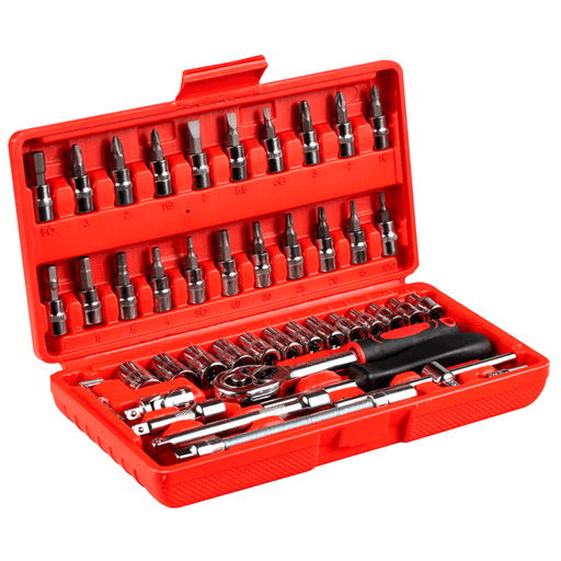Este juego de dados de 46 piezas se puede utilizar universalmente para pequeños trabajos de montaje, reparaciones de vehículos y mucho más. Con este conjunto siempre estarás listo para cualquier tarea ya que cuenta con una gran variedad de dados, herramientas para la manipulación de estos y además un maletín de transporte para que puedas almacenarlos ordenadamente.