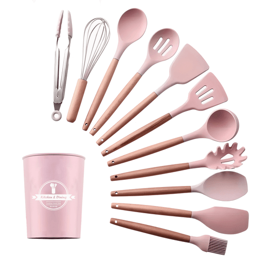 Cociná de forma práctica y sencilla con este set de utensilios de silicona de 11 piezas con mango de madera. Protegé ollas y sartenes contra rasguños con los cabezales de silicona de alta calidad. Puede manejar temperaturas de hasta 230°C y no se derrite como los accesorios de cocina de plástico. Las manijas equilibradas, cómodas y fáciles de agarrar hacen que cocinar sea más divertido.