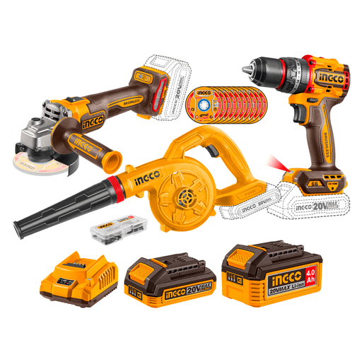 El Kit Inalámbrico INGCO combina potencia, versatilidad y practicidad en un completo set de herramientas ideal para trabajos de construcción, mantenimiento y bricolaje. Incluye una amoladora angular con motor sin carbones y velocidad regulable de hasta 9000rpm, un taladro percutor inalámbrico de 20V con 66Nm de torque, doble velocidad mecánica y luz LED integrada, además de un soplador inalámbrico de alto rendimiento con velocidad de hasta 18000rpm y gran caudal de aire. Gracias a sus baterías de 2.0Ah y 4.0Ah, ofrece mayor autonomía y libertad de movimiento sin cables. El kit se completa con cargador, discos de corte, brocas y 47 accesorios, brindando todo lo necesario para afrontar múltiples tareas con comodidad y eficiencia.
