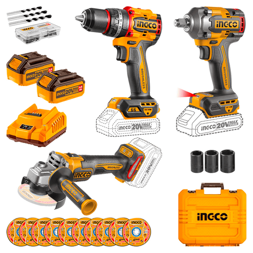 Potenciá tu taller con el Kit INGCO que reúne todo lo esencial en un solo combo: amoladora angular sin cable, taladro de impacto compacto inalámbrico brushless (sin escobillas) y llave de impacto inalámbrica, ideales para trabajos de corte, perforación y ajuste con máxima practicidad. Incluye maletín para transportar y ordenar, 2 baterías de 4.0Ah con cargador, además de un completo set de accesorios con 47 piezas, 10 discos abrasivos para corte de metal, 3 brocas para albañilería y 3 dados (17, 19 y 21mm), para que estés listo para trabajar desde el primer día.