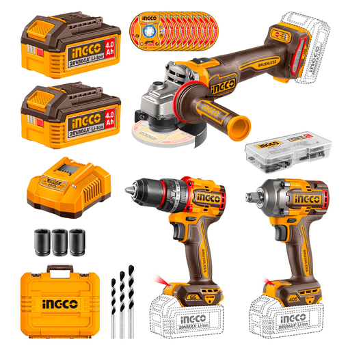 El Kit INGCO a Batería reúne tres herramientas de alto rendimiento para afrontar trabajos de construcción, mantenimiento y bricolaje con total libertad de movimiento. Incluye una amoladora angular, un taladro percutor y una llave de impacto, todas equipadas con motores brushless que ofrecen mayor eficiencia, potencia y una vida útil prolongada. Funciona con un sistema inalámbrico de 20V alimentado por dos baterías de 4,0Ah, e incorpora un completo juego de 47 accesorios, brocas, dados, discos de corte, cargador y un práctico maletín de transporte, brindando una solución completa y versátil para realizar una amplia variedad de tareas con comodidad y precisión.
