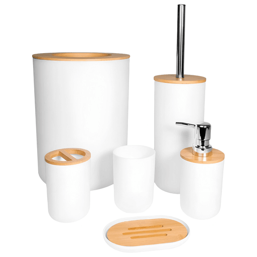 Dale un toque de estilo y funcionalidad a tu baño con este set de 6 piezas fabricado en PP y bambú, una combinación de materiales resistentes, duraderos y de excelente calidad. Su diseño moderno y elegante se adapta a todo tipo de espacios, aportando organización y estética. Incluye todo lo necesario para el uso diario: jabonera, soporte para cepillo de dientes, vaso, dispensador de jabón, papelera y cepillo de baño, creando un ambiente armonioso, práctico y bien equipado.