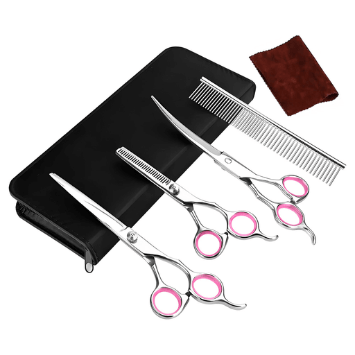 Este kit de tijeras para mascotas de 4 piezas es ideal para el cuidado completo del pelaje, permitiendo eliminar el pelo suelto, la suciedad y los enredos con facilidad. Incluye tijera curva, tijera recta, tijera de adelgazamiento, peine desenredante, franela de limpieza y estuche de almacenamiento, adaptándose a todas las necesidades de corte. Las herramientas están fabricadas en acero inoxidable, lo que garantiza durabilidad, resistencia al desgaste e impermeabilidad. Además, su diseño ergonómico facilita un manejo cómodo y preciso, mientras que su mantenimiento es muy sencillo gracias a su fácil limpieza, convirtiéndolo en la opción perfecta tanto para uso doméstico como profesional.