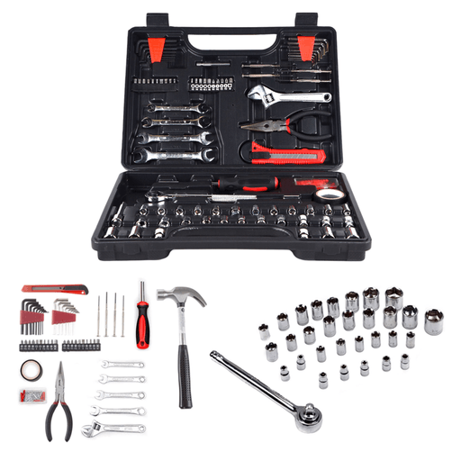 Funcional kit de herramientas Nappo NHK-053 con maletín incluído. Cuenta con 159 herramientas manuales y de precisión que te ayudarán en cualquier necesidad del hogar. Incluye llaves, destornillador, alicate, trincheta, martillo, cinta, entre otros.