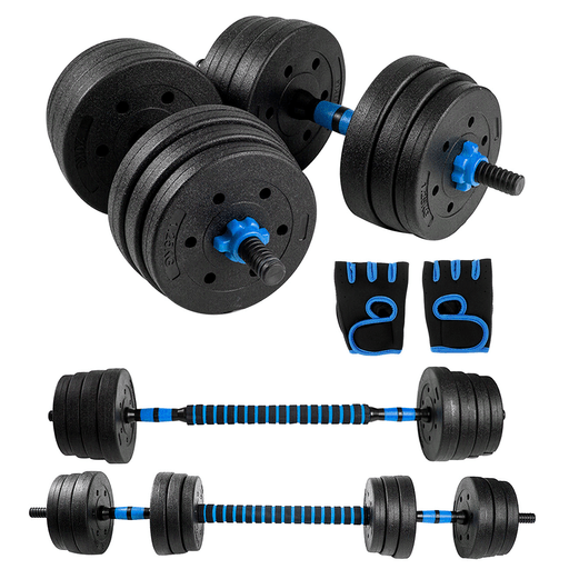 Realizá múltiples ejercicios con este kit de mancuernas de 20Kg. Tiene un total de 12 mancuernas: 4 de 2kg, 4 de 1.5 kg y 4 de 1.25 kg, para que las puedas combinar como quieras. Además su varilla conectora amplía la posibilidad de ejercicios.