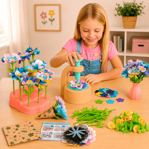 Este kit de manualidades para crear flores es una forma divertida y educativa de estimular la creatividad de los más pequeños mientras diseñan coloridos ramos florales. Fabricado con plástico ABS resistente y pétalos de tela suave, ofrece una experiencia de juego segura y duradera. Gracias a sus piezas fáciles de ensamblar, los niños pueden crear múltiples combinaciones de flores, desarrollar la imaginación y fortalecer habilidades como la coordinación mano-ojo y la motricidad fina. El kit incluye una máquina manual de ensamblaje, florero decorativo, base exhibidora, pétalos, tallos y accesorios para que puedan armar, decorar y exhibir sus propias creaciones desde el primer momento, convirtiéndose en una excelente actividad recreativa y de aprendizaje.