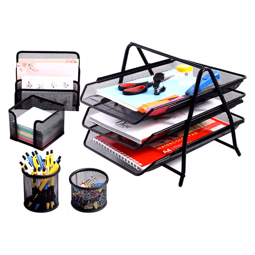 Este kit organizador de oficina de 5 piezas es la solución perfecta para mantener tu espacio de trabajo limpio y ordenado. Fabricado en metal resistente, incluye un organizador de archivos con 3 estantes, portalápices, portaclips, organizador y un soporte para notas, brindando un toque moderno a tu escritorio u oficina.