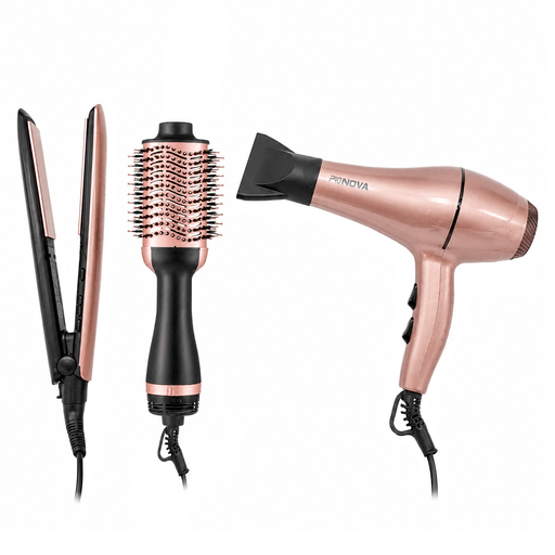 Transformá tu rutina de cuidado capilar con este completo Kit 3 en 1 que combina secador, planchita y cepillo alisador en un elegante diseño con tecnología de keratina. El secador incorpora regulador de aire y temperatura de 3 niveles, permitiendo adaptar el secado a cada tipo de cabello, además de contar con práctico gancho para colgar. La planchita cuenta con placas de cerámica que se deslizan suavemente, logrando un alisado uniforme sin tirones y con 5 niveles de temperatura para un control preciso. Por su parte, el cepillo alisador puede utilizarse en cabellos secos o húmedos, posee revestimiento cerámico y control manual de temperatura, facilitando el alisado mientras aporta volumen y movimiento natural.
