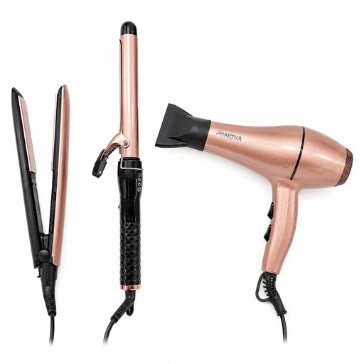 Lográ peinados profesionales sin salir de casa con este completo Kit 3 en 1, que combina secador, planchita y buclera en un elegante diseño con tecnología de keratina. El secador cuenta con regulador de aire de 3 niveles, regulador de temperatura de 3 niveles y práctico gancho para colgar. La planchita ofrece temperatura ajustable de hasta 230°C con 5 niveles de regulación para adaptarse a distintos tipos de cabello. La buclera incorpora temperatura ajustable entre 180°C y 210°C, luz indicadora de funcionamiento y gancho para colgar, permitiendo crear ondas y rizos definidos de forma rápida y sencilla.