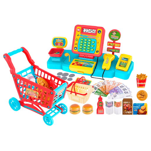 Este set de supermercado con caja registradora, canasto, carrito y productos es perfecto para estimular la imaginación y el aprendizaje de los niños. La caja registradora multifuncional cuenta con pantalla digital, botones con sonidos e incluso una calculadora para que aprendan a sumar y restar. Además, incluye accesorios interactivos como tarjetas de crédito, billetes y varios productos que le permiten simular una experiencia de compra completa. Ideal para que jueguen solos o con amigos, fomentando el desarrollo de habilidades de comunicación.
