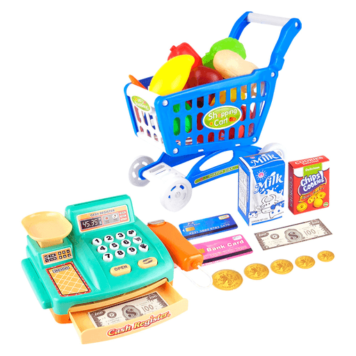 Este set de caja registradora y carro es perfecto para que los niños se diviertan y vivan la experiencia de hacer compras o vender como en un supermercado. La caja registradora cuenta con luz y diferentes sonidos al colocar un objeto en la balanza, pasarlo por el escáner o al pulsar sus botones. Además, el carro de supermercado es fácil de armar y cuenta con una amplia variedad de productos para que los más pequeños puedan dejar volar su imaginación.