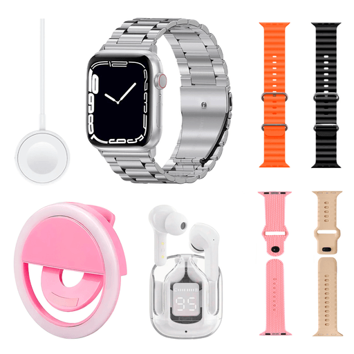 El Smartwatch D97 PLUS OKPU es un reloj inteligente versátil que viene con un kit, el cual incluye audífonos inalámbricos TWS, una luz LED y un set de brazaletes. Está equipado con una pantalla IPS de 480×320, una batería que puede durar de 5 a 10 días, y funciones avanzadas como monitor de frecuencia cardíaca, rastreador de sueño y control de temperatura. Este smartwatch es ideal para usuarios que buscan tecnología y estilo en un solo dispositivo.