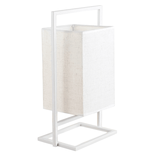 Esta lámpara destaca por su diseño elegante, ideal para complementar espacios modernos. Su estructura de metal blanco, con líneas rectas, sostiene una pantalla rectangular de tela texturizada que aporta un toque cálido y natural. El contraste entre el marco blanco y la textura de la pantalla crea un equilibrio visual refinado. Perfecta para iluminar mesas auxiliares, escritorios o rincones decorativos, esta lámpara no solo proporciona luz, sino también estilo y sofisticación a cualquier ambiente.