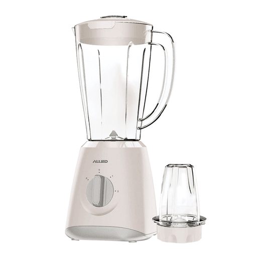 Prepará exquisitos licuados, sopas y más con esta práctica licuadora Allied. Con jarra de plástico de alta calidad con 1.5 litros de capacidad y cuchillas de acero inoxidable apra para triturar hielo. Cuenta con dos velocidades más función pulso e incluye accesorio picador y molinillo para café.