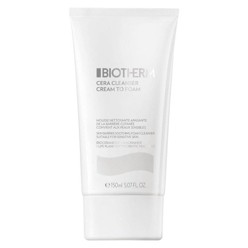 Biotherm Cera Cleanser Cream to Foam es un limpiador facial que limpia suavemente la piel, dejándola confortable, sin resecarla y con un efecto calmante. Contiene una combinación de Life Plankton + bio ceramidas + niacinamida para un efecto calmante, limpiando sin resecar la piel.