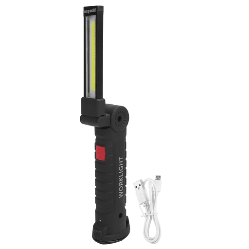Esta linterna LED recargable es ideal para todo tipo de trabajo. Tiene 3 modos de iluminación y si dejás presionado el botón de encendido cambiás los modos a fijo o intermitente en color rojo. Su diseño es plegable con una articulación de rotación de 270° y su base cuenta con un imán para trabajar en superficies metálicas, además posee un gancho para uso en pequeños espacios. Gracias a que su base esta cubierta con material de ABS, brinda una protección IP65 para proteger su conexión de carga.