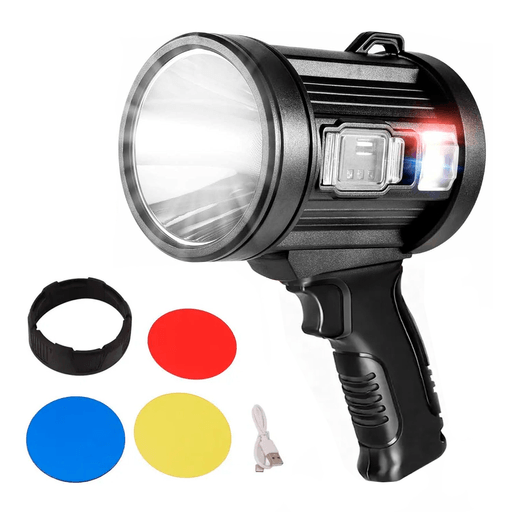 Iluminá cualquier camino con esta potente linterna multicolor equipada con tecnología LED y un impresionante alcance de hasta 500 metros. Su diseño ergonómico garantiza un agarre cómodo y seguro, ideal para actividades al aire libre o emergencias. Fabricada en material ABS resistente, cuenta con 3 modos de iluminación, 4 luces principales y luces laterales de 2 niveles y  luz sirena para máxima visibilidad en diferentes entornos. Además, se puede cargar mediante cable USB tipo C o luz solar y no solo eso, sino que también funciona como power bank, brindando autonomía y versatilidad sin depender de enchufes.